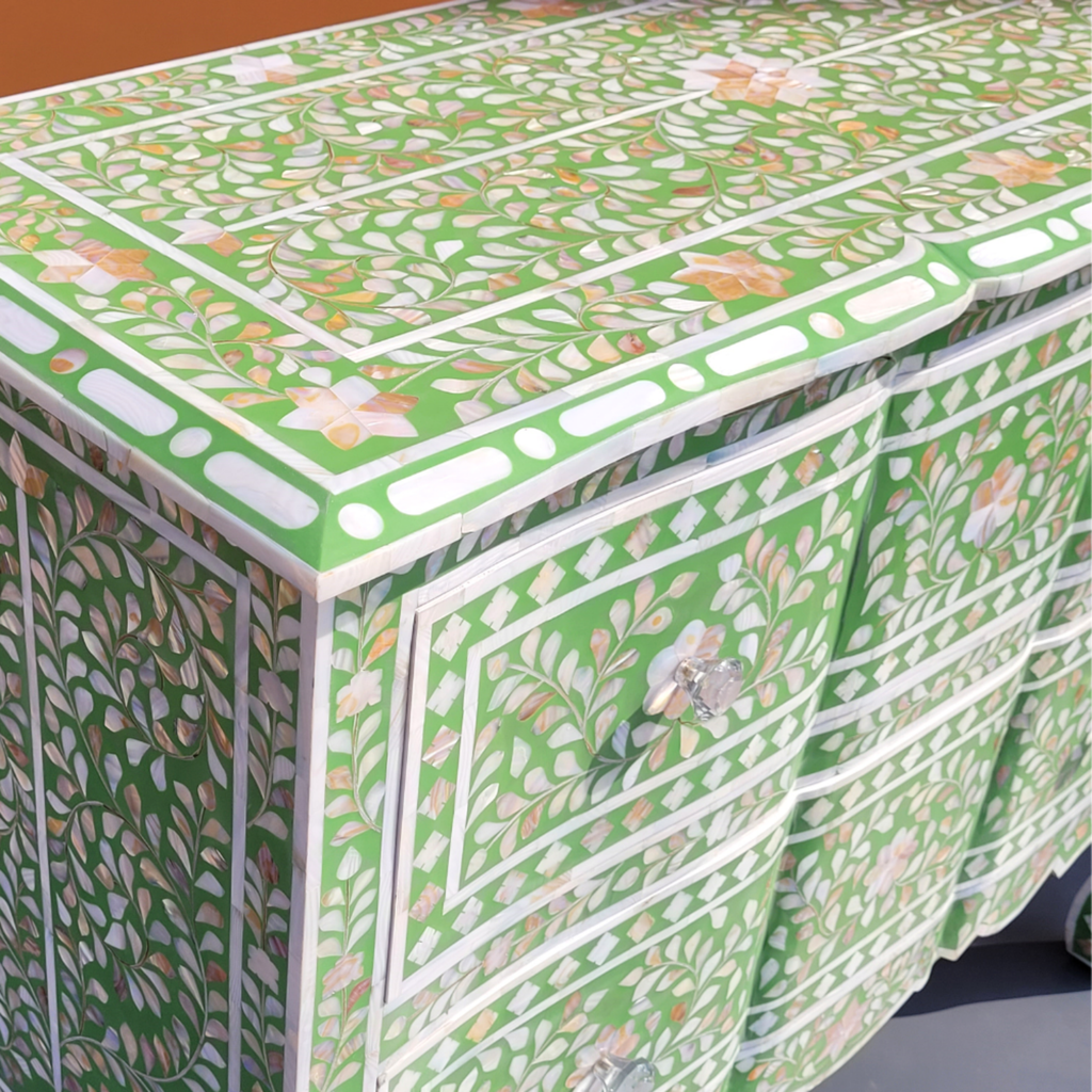 Rang Mahal Mother of Pearl Green Floral Chest of 2 Drawers