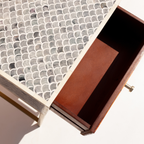 Stylish Grey Bone Inlay Bedside Table with Brass Finish Legs