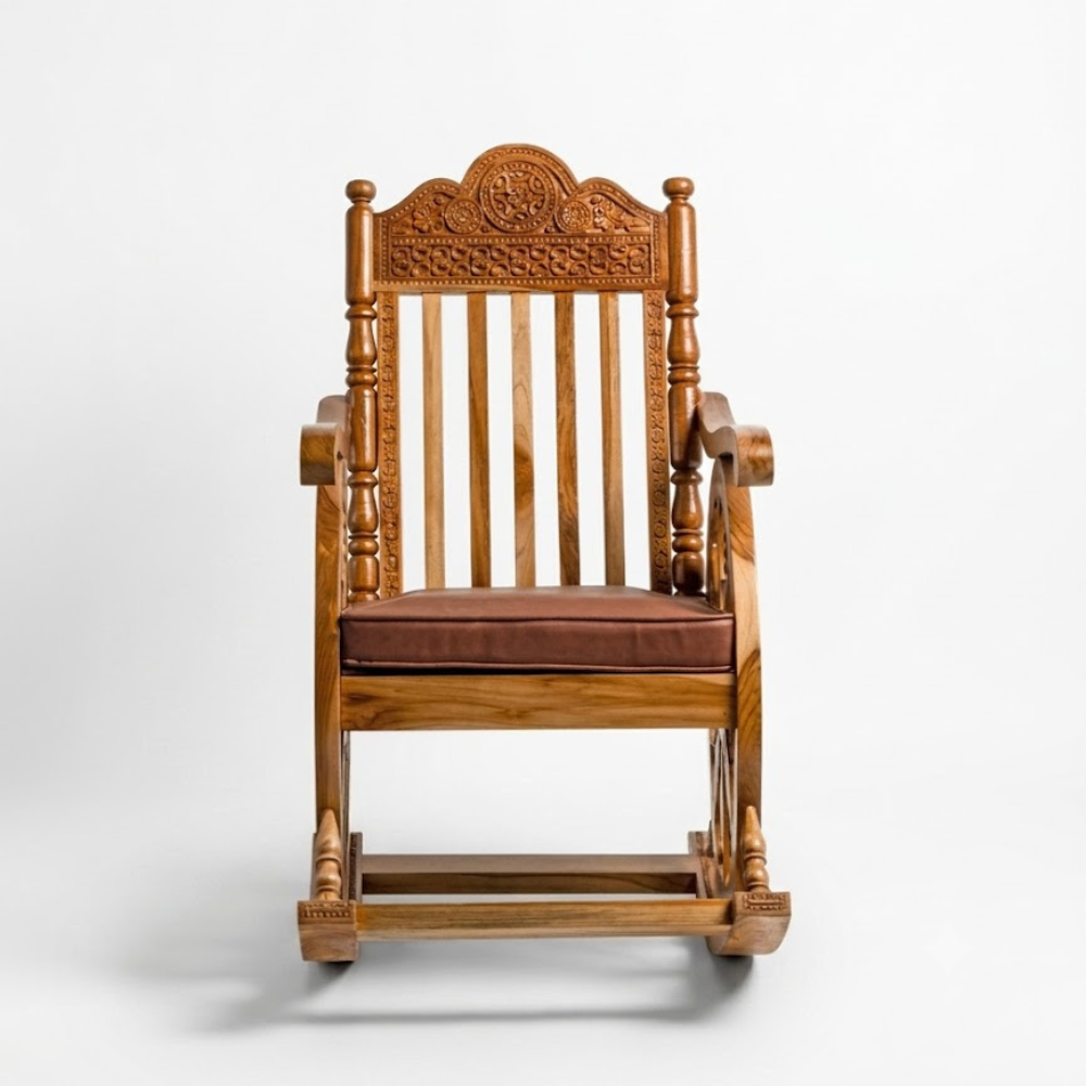 Tajliving Hand-Carved Solid Teak Wood Rocking Chair – Natural Finish