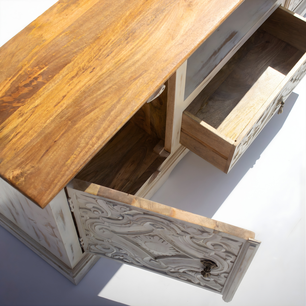 Riwaayat Carved Wood TV Console with Shelves Mandala Pattern