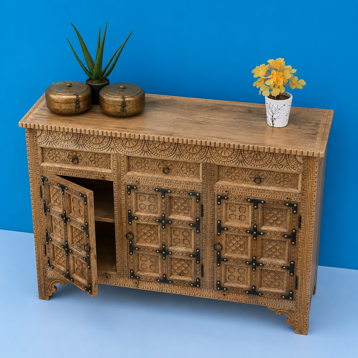 Royal Carved Solid Mango Wood Sideboard Storage Cabinet