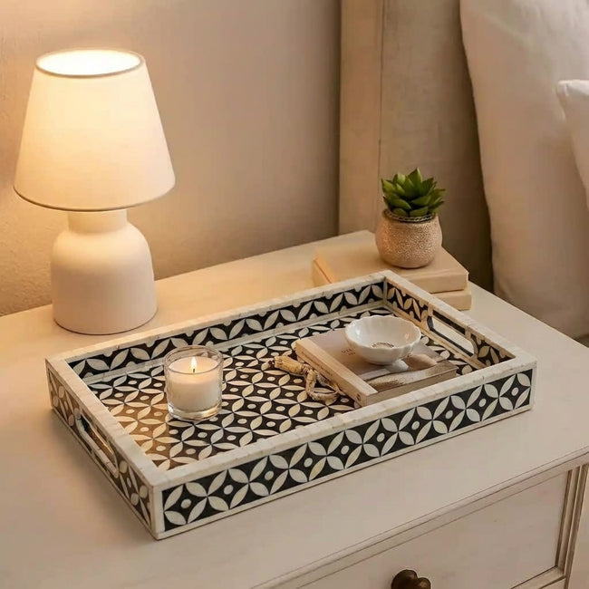 Kuldhara Bone Inlay Geometric Serving Tray Hover Image