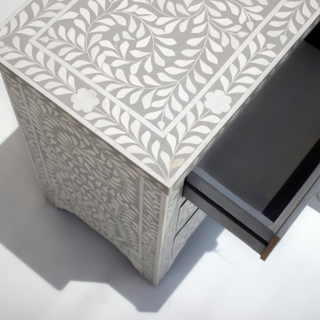 Rooh Bone Inlay Grey Floral 2 Drawer Bedside Table