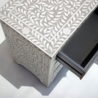 Rooh Bone Inlay Grey Floral 2 Drawer Bedside Table