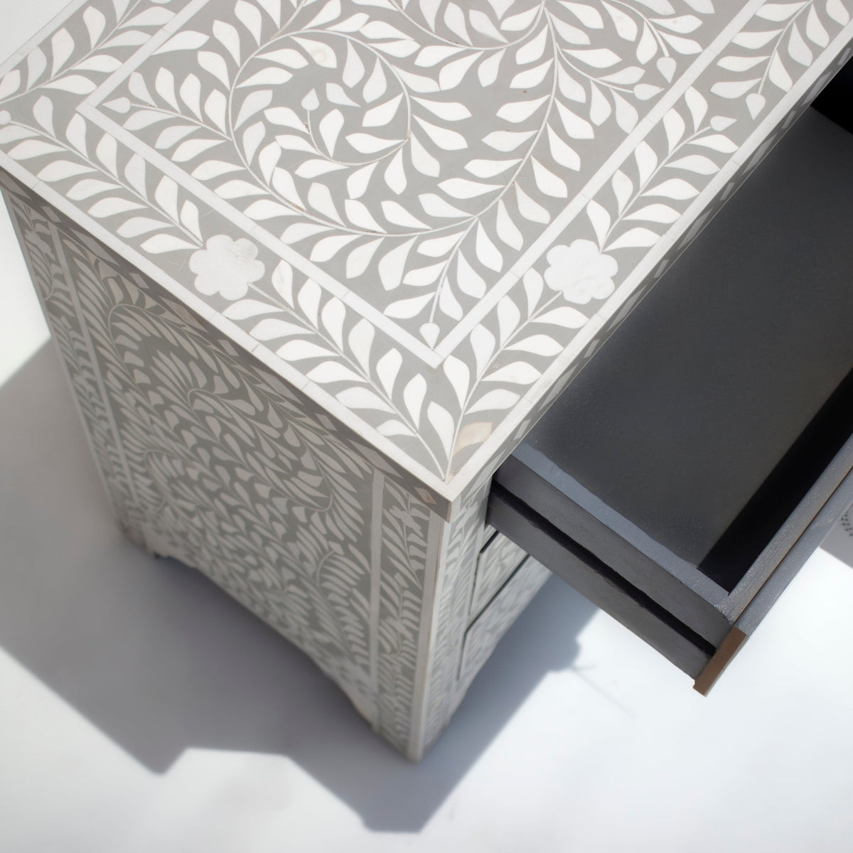 Rooh Bone Inlay Grey Floral 2 Drawer Bedside Table