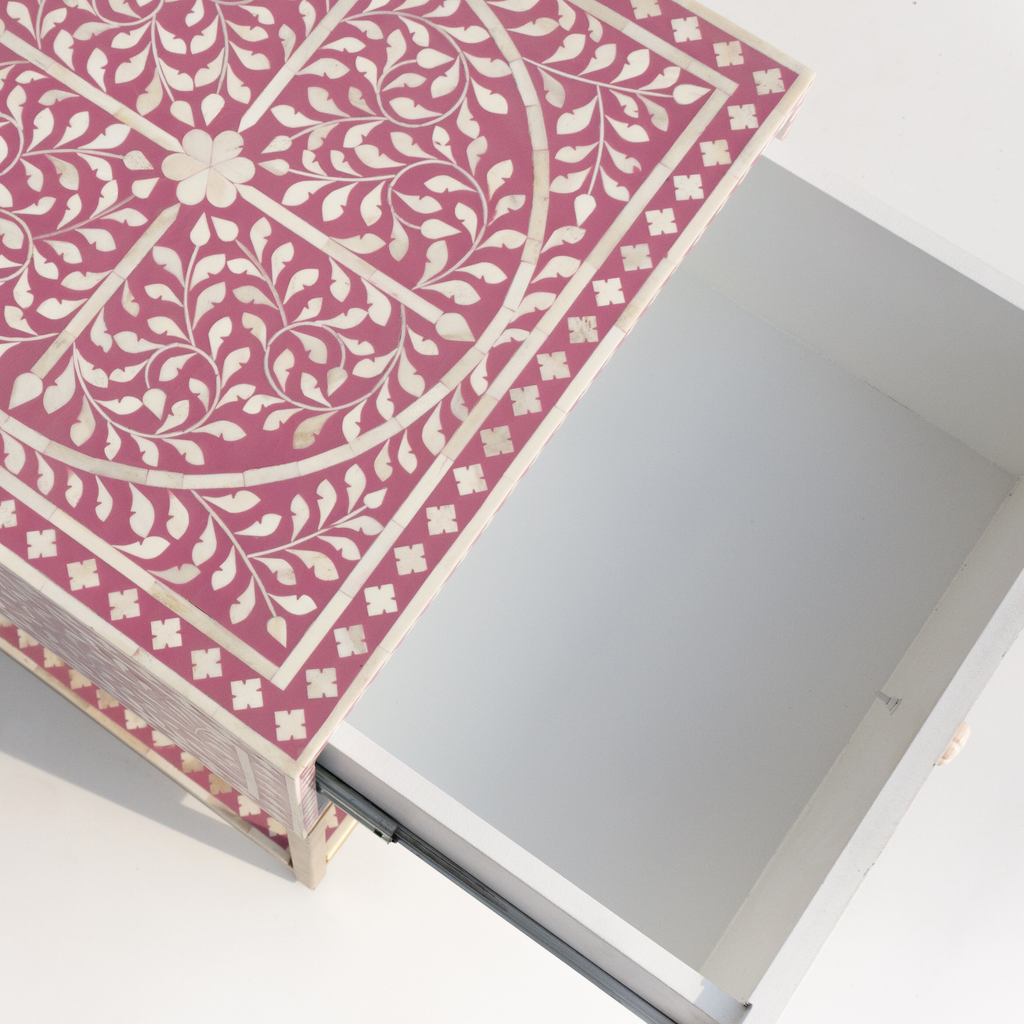 Bone inlay Floral Bedside Table with Gold Metal Base
