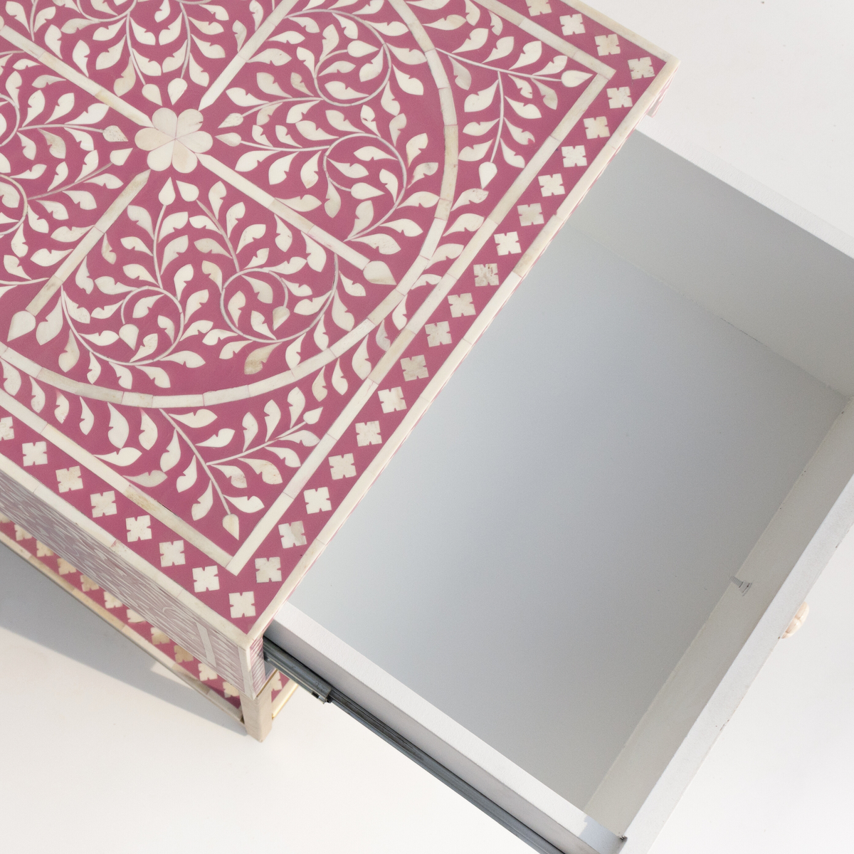 Bone inlay Floral Bedside Table with Gold Metal Base