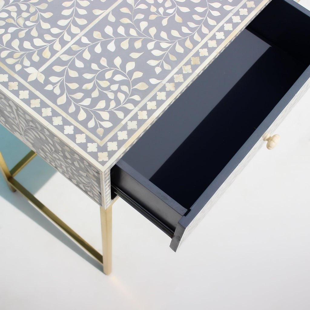 Mehrang Grey Floral Scroll Bone Inlay Console Table with Brass-Finish Frame – 2 Drawer