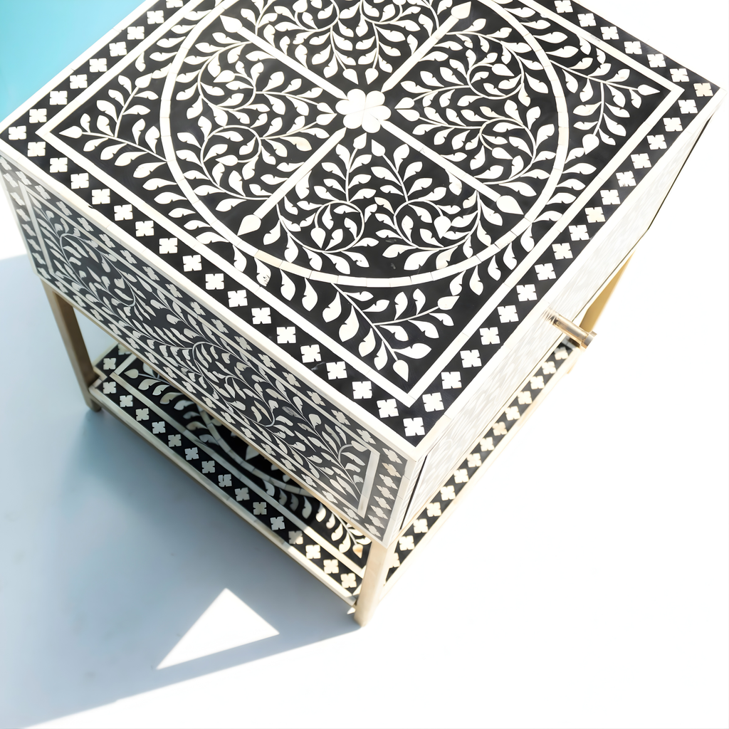 Classic Black & White Bone Inlay Bedside Table with Open Shelf