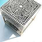 Classic Black & White Bone Inlay Bedside Table with Open Shelf