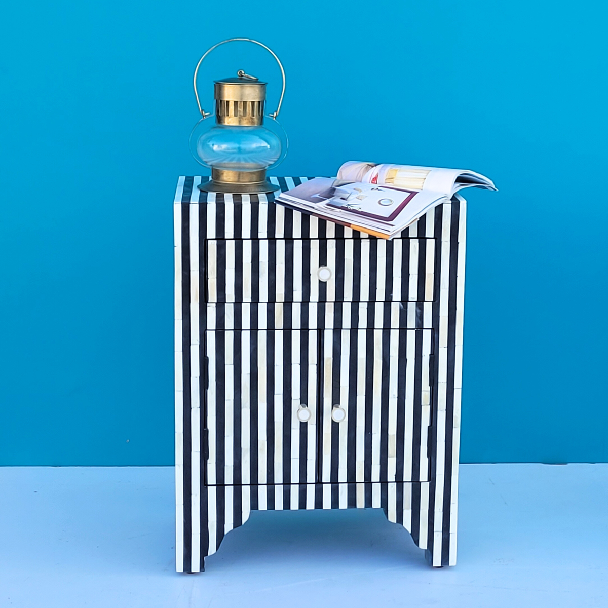 Keshari Black And White Striped Pattern Bone Inlay 2 Drawers Bedside Table