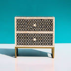 Ghoomar Black & White Geometric Bone Inlay 2-Drawer Bedside with Gold-Finish Legs