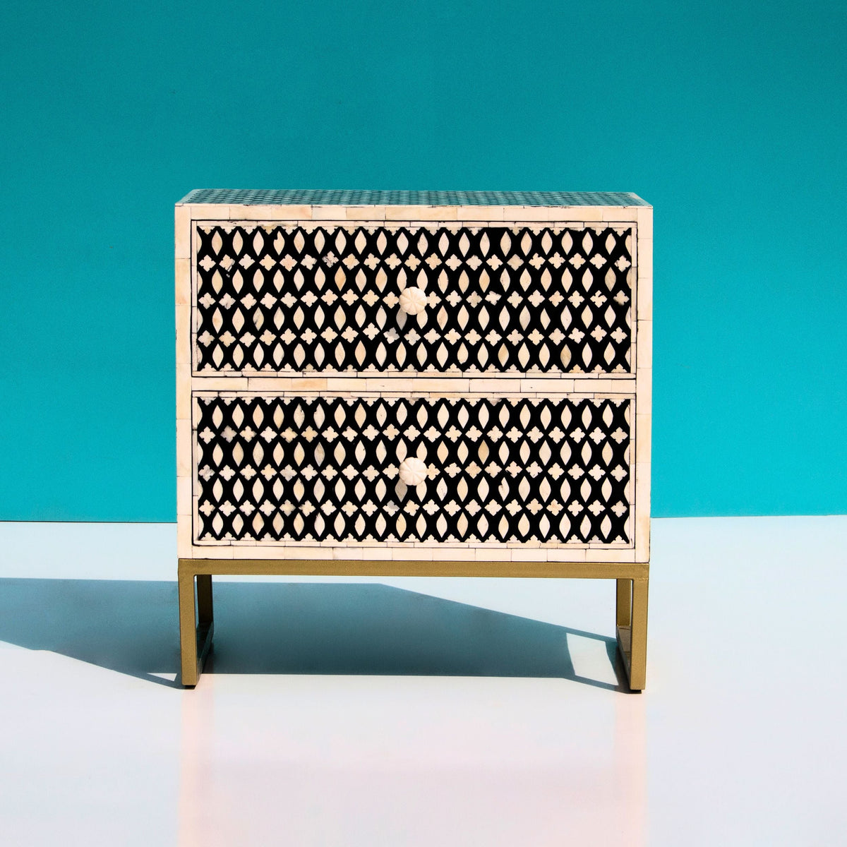Ghoomar Black & White Geometric Bone Inlay 2-Drawer Bedside with Gold-Finish Legs