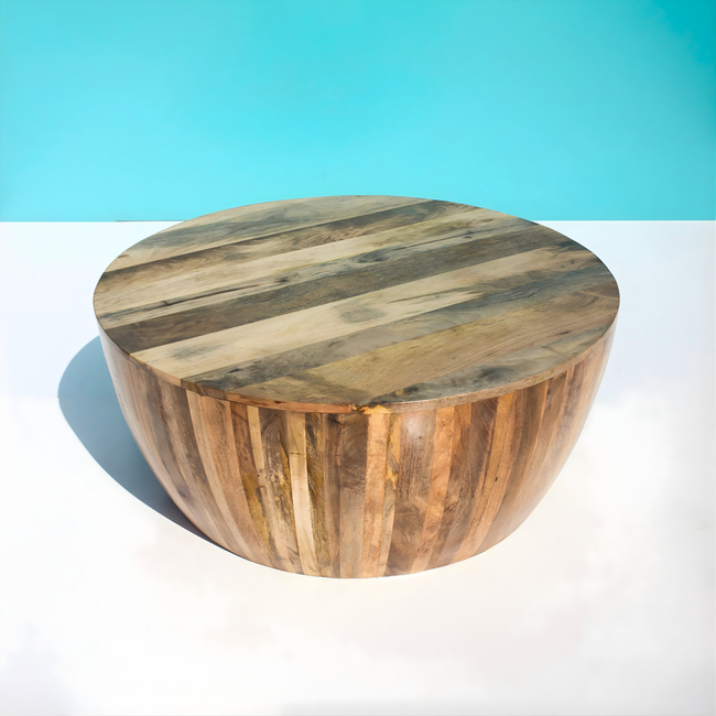 Rajtilak Natural Solid Wood Round Coffee Table – Handcrafted Drum Style Main Image