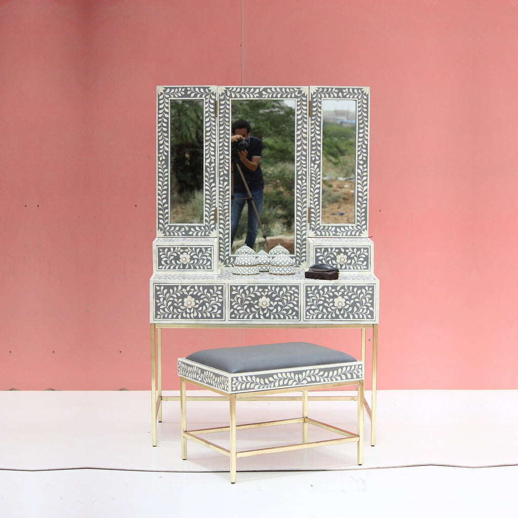Mandvi Bone Inly Dressing Table with Seating Stool