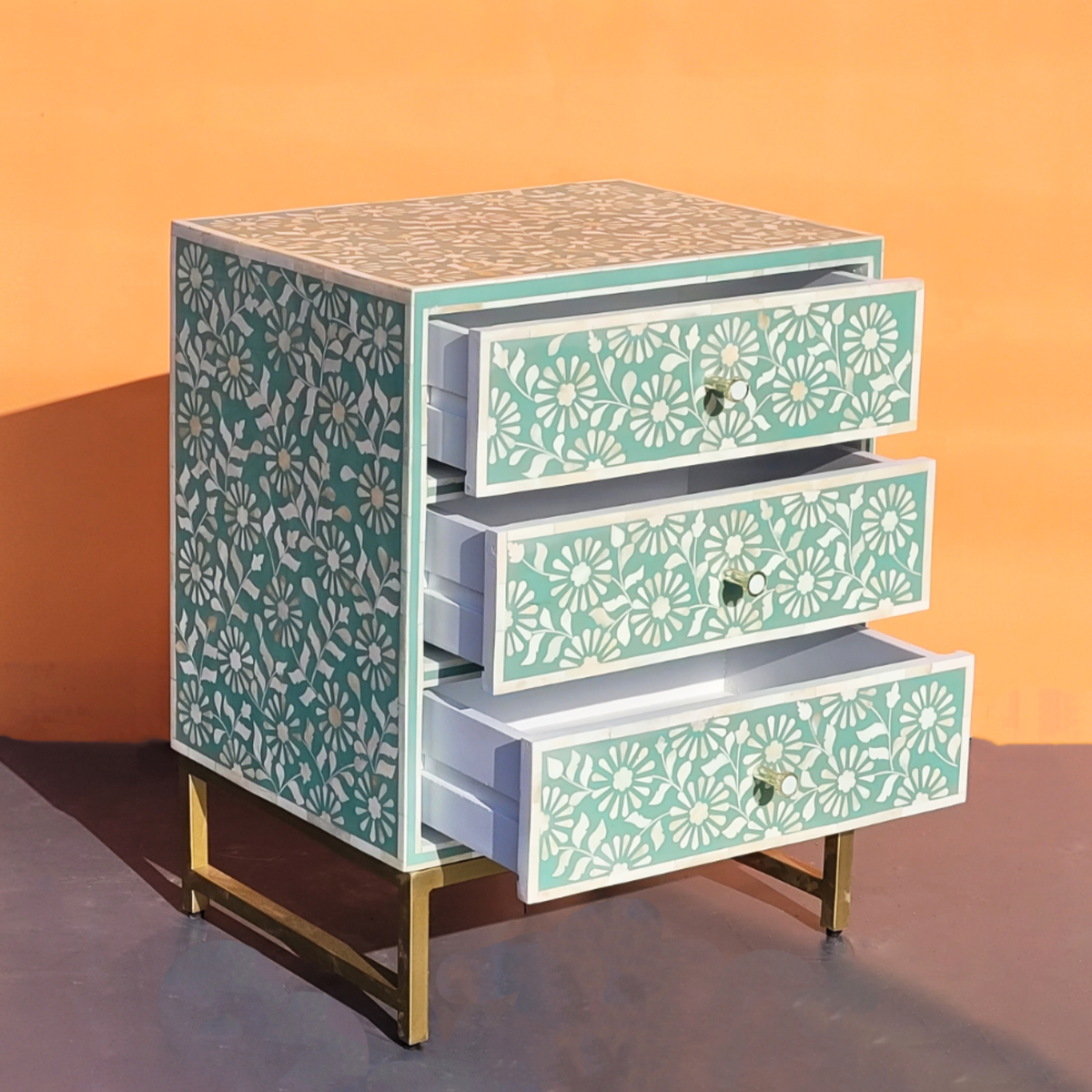 Sheesh Mahal Mint Green Floral Bone Inlay Chest of 3 Drawers