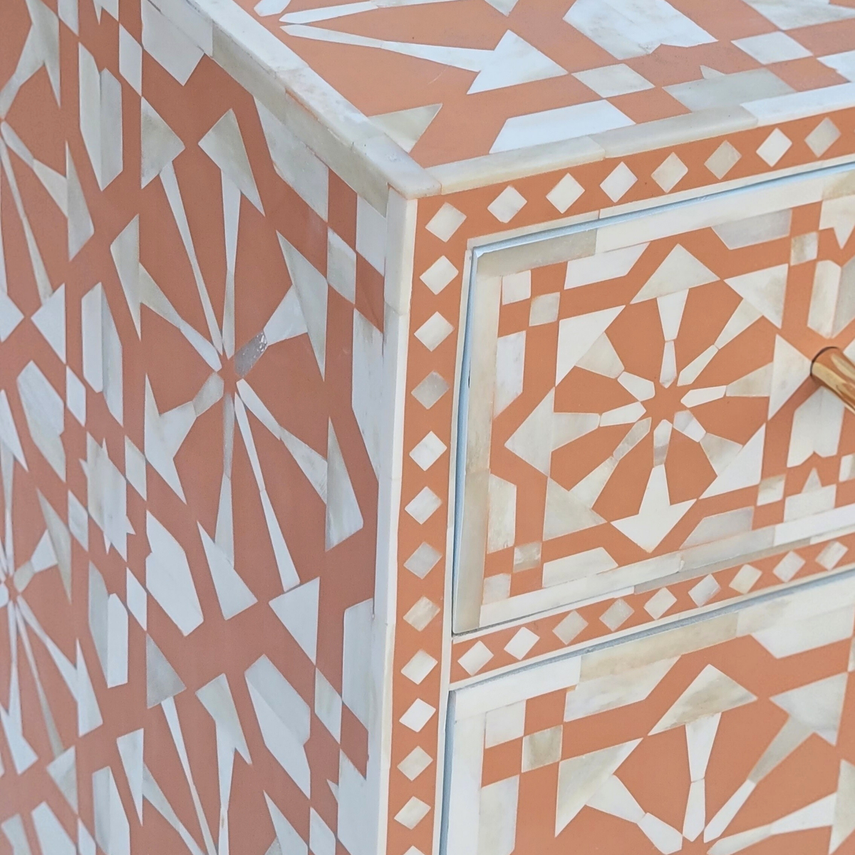 Nakashi Bone Inlay Floral Pattern Orange Cabinet with Metal Base