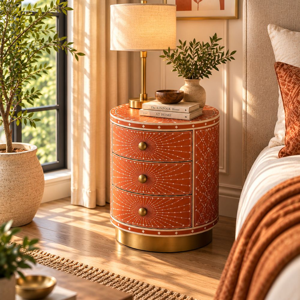 Round Bone Inlay Nightstand | Terracotta 3-Drawer Drum Table