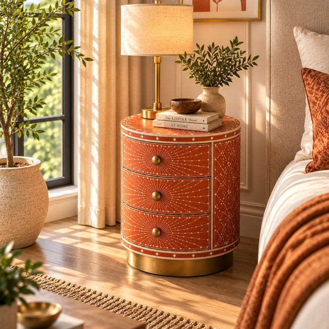 Round Bone Inlay Nightstand | Terracotta 3-Drawer Drum Table Main Image