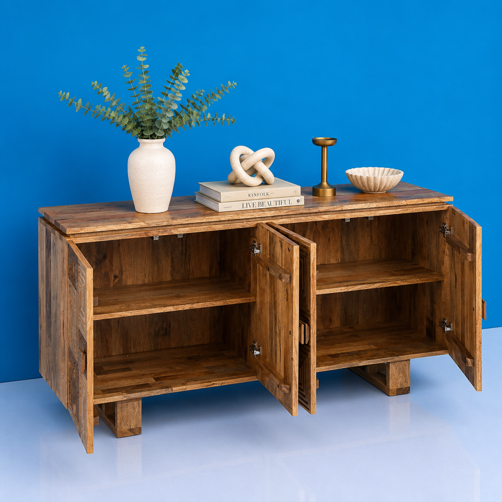 Rangmahal Geometric Wooden Block-Pattern Sideboard