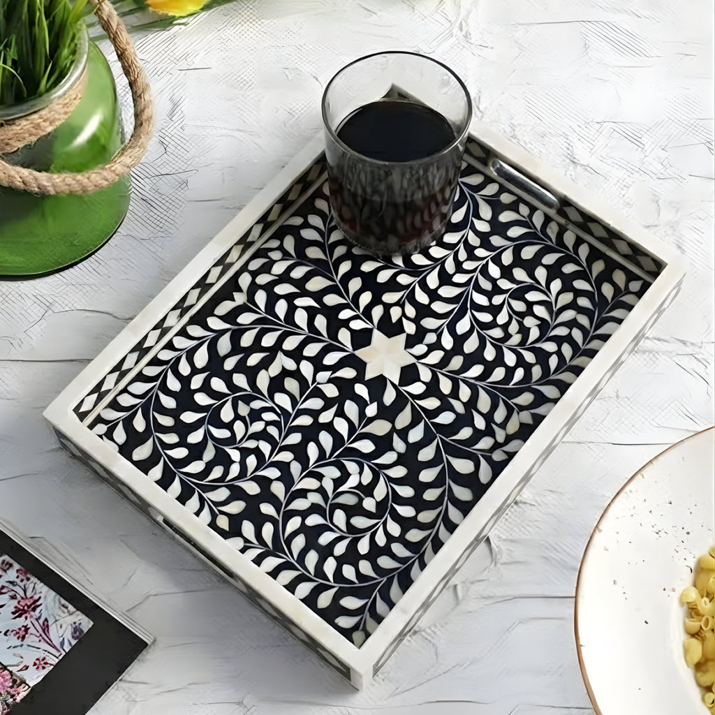 Padharo Handmade Bone Inlay Wooden Modern Floral Pattern Serving Tray