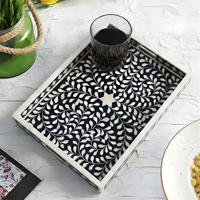 Padharo Handmade Bone Inlay Wooden Modern Floral Pattern Serving Tray Hover Image