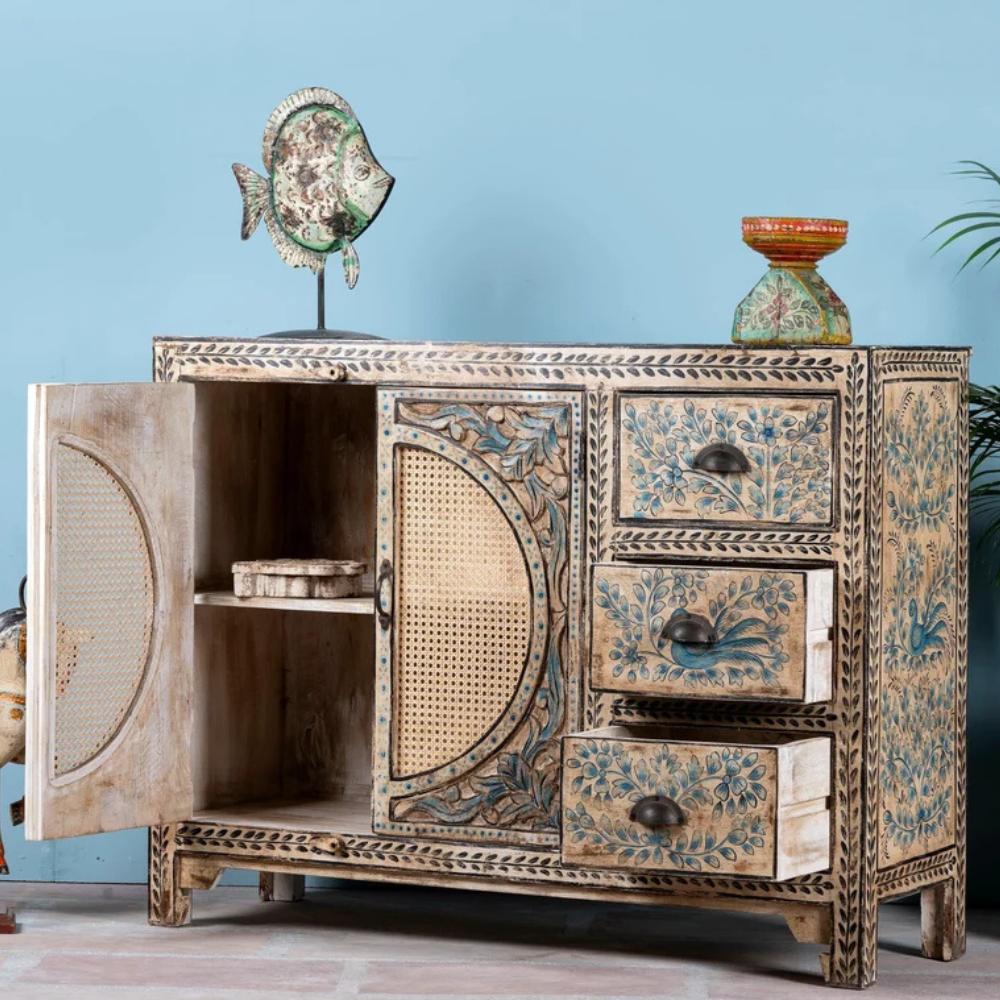 Mandana Handcrafted Bone Inlay & Cane 3-Door Sideboard