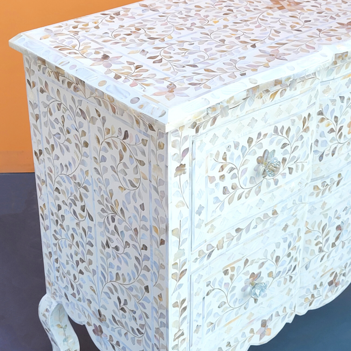 Hand-Carved Mother of Pearl Chest of 2 Drawers Floral Design