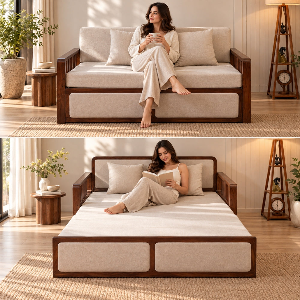 Vaastu 3-Seater Teak Wood Sofa Cum Bed in Premium Upholstery with Cane Weaving & Brass Accents