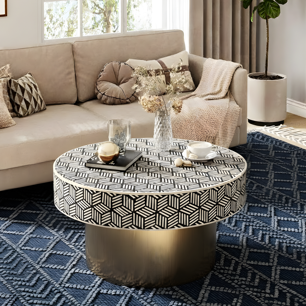 Black & White Bone Inlay Round Coffee Table with Brass Base