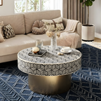 Black & White Bone Inlay Round Coffee Table with Brass Base