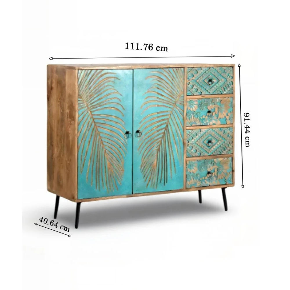 Handcrafted Wooden Carving Chest of Drawers in Natural & Green Finish