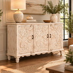 Jharokha Hand-Carved Whitewashed Mango Wood Cabinet