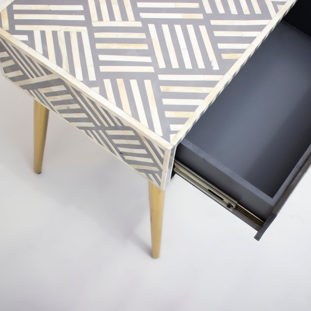Aabha Sky Blue Bone Inlay 1 Drawer Bedside Table