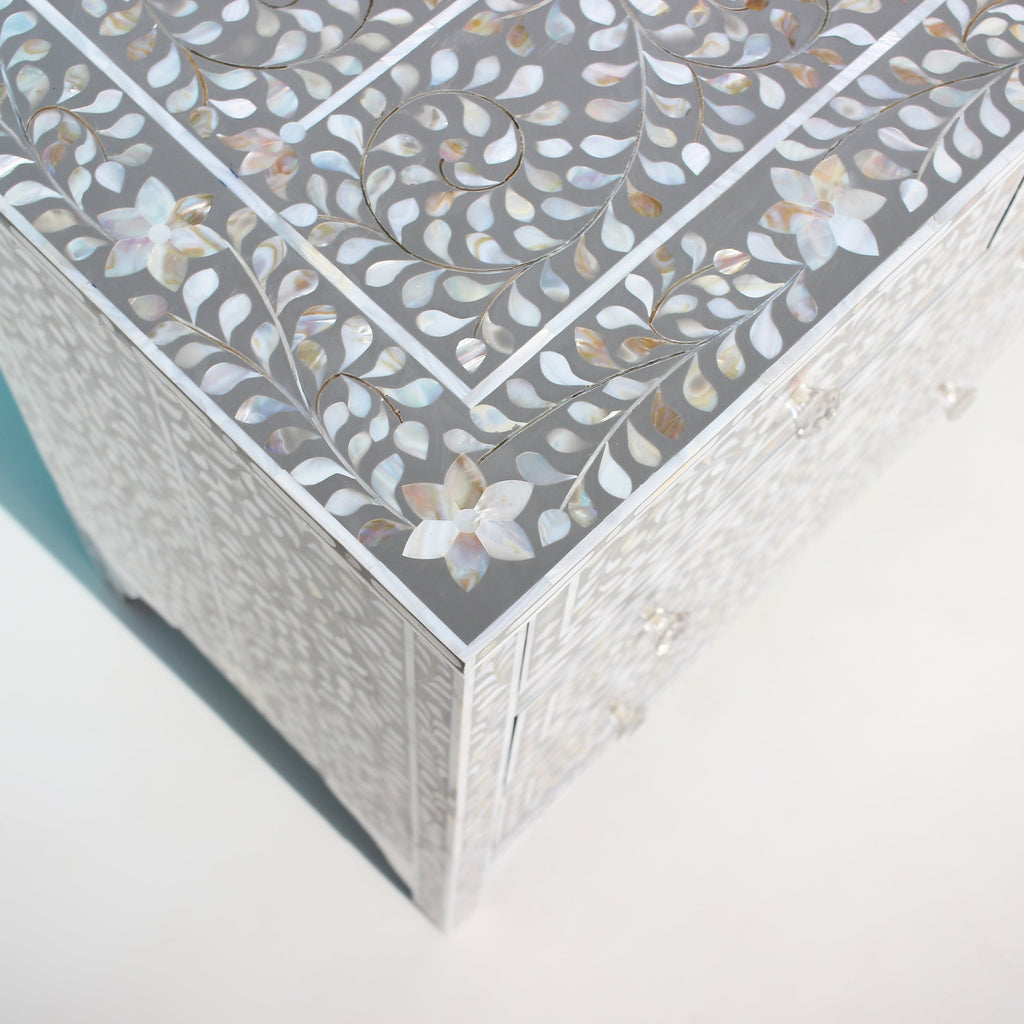 Charbagh Grey & White Floral Mother of Pearl Sideboard – Handcrafted 7-Drawer Cabinet