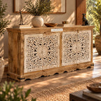 Handcrafted Solid Wood Sideboard Cabinet with Intricate Mandala Carved Doors