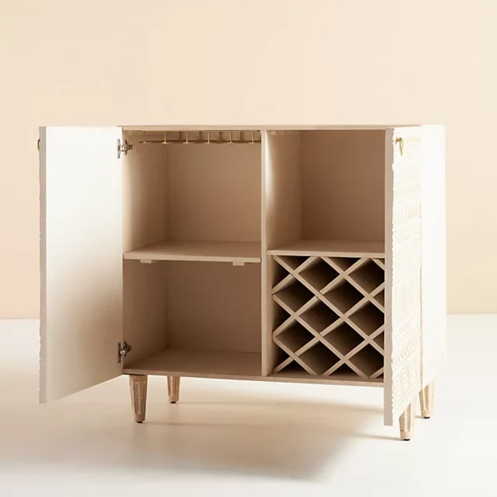Aangan Handmade Solid Mango Wood Bar Cabinet – Distress White Finish