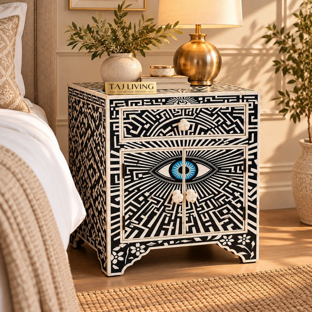 Kashvi Handmade Bone Inlay Nightstand | Black Floral Round Bedside Table