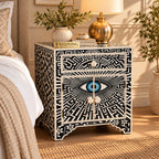 Kashvi Handmade Bone Inlay Nightstand | Black Floral Round Bedside Table