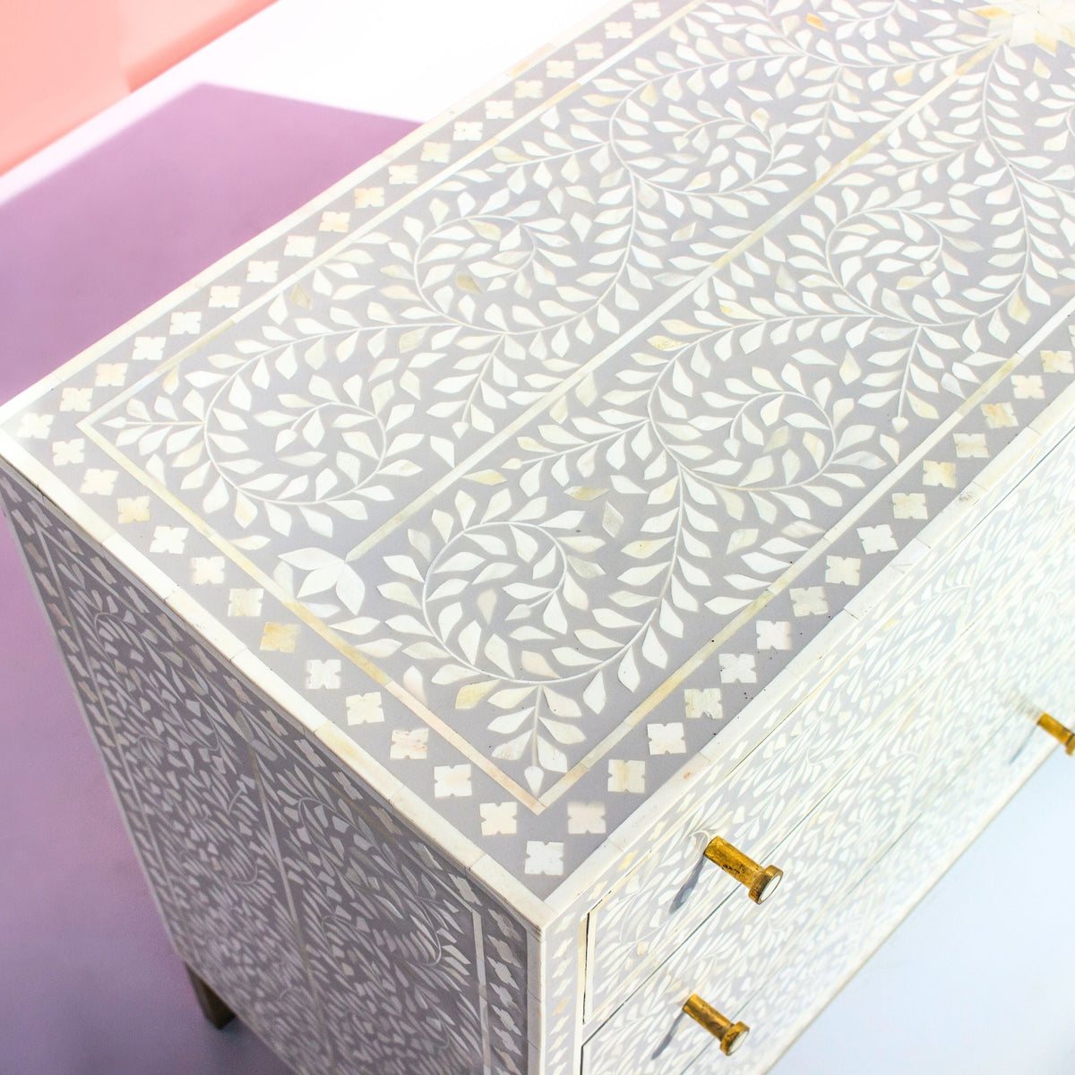 Ivory Floral Bone Inlay 6-Drawer Chest with Gold-Finish Metal Legs