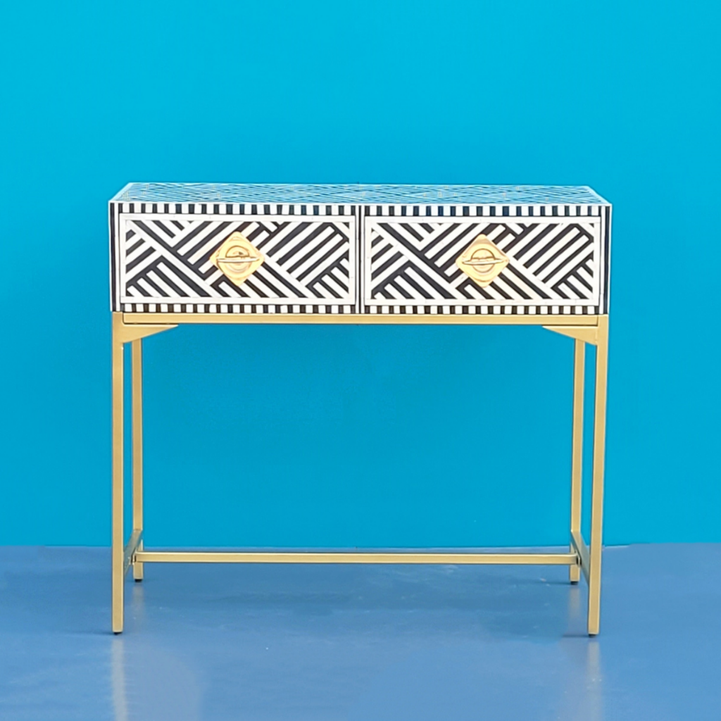 Taj Signature Black And White Bone inlay 2 Drawers Console Table