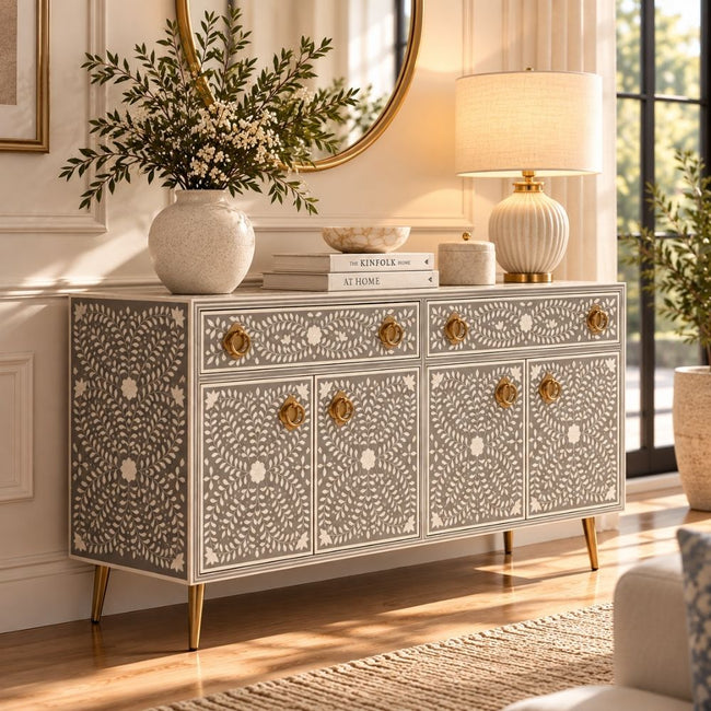 Meenakari Bone Inlay 2 Drawer 4 Door Grey Buffet Cabinet with Brass Handles Main Image