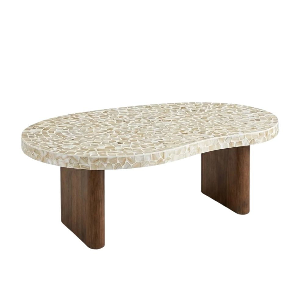 White Mother of Pearl Coffee Table with Wooden Legs