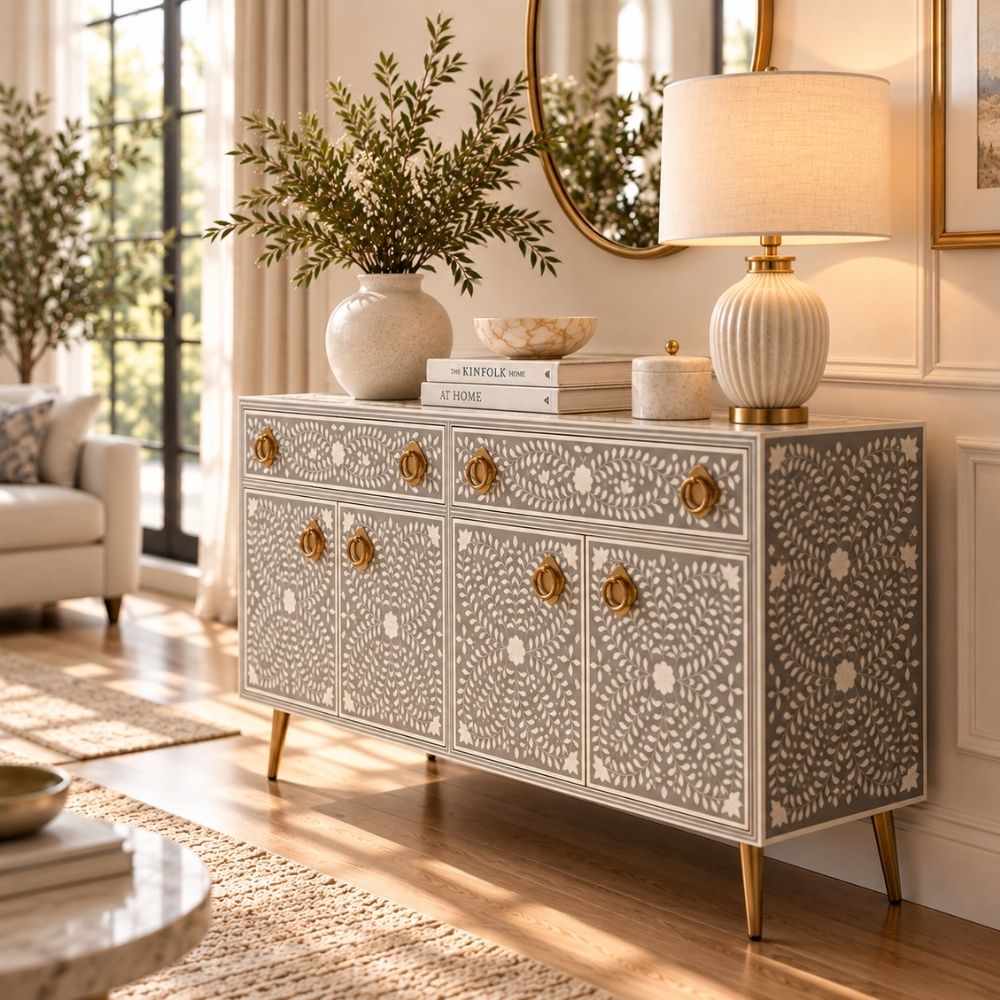 Meenakari Bone Inlay 2 Drawer 4 Door Grey Buffet Cabinet with Brass Handles