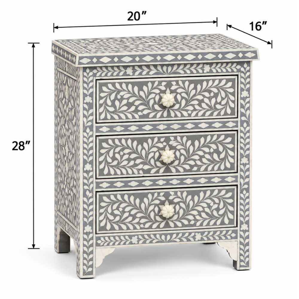 Rooh Bone Inlay Grey Floral 2 Drawer Bedside Table
