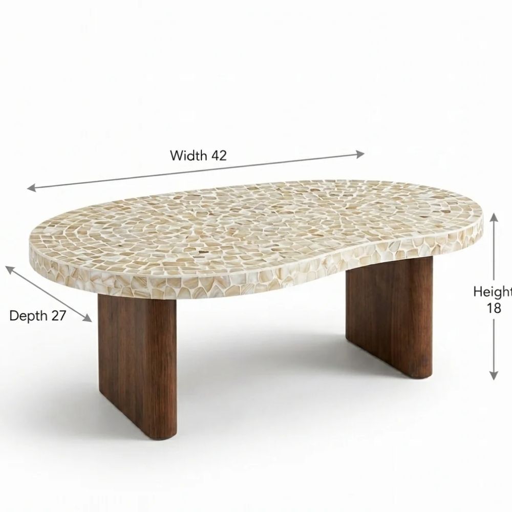 White Mother of Pearl Coffee Table with Wooden Legs