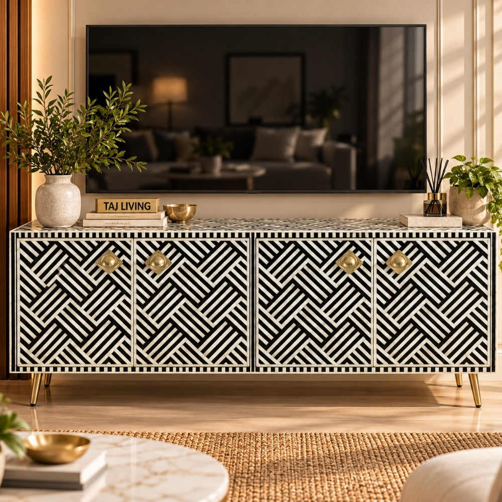 Black Bone Inlay Optical Design 4 Door TV Unit Media Cabinet