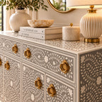 Meenakari Bone Inlay 2 Drawer 4 Door Grey Buffet Cabinet with Brass Handles