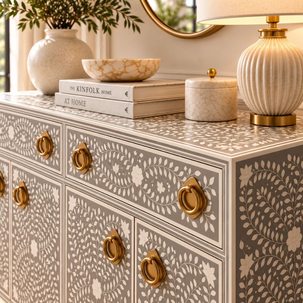 Meenakari Bone Inlay 2 Drawer 4 Door Grey Buffet Cabinet with Brass Handles
