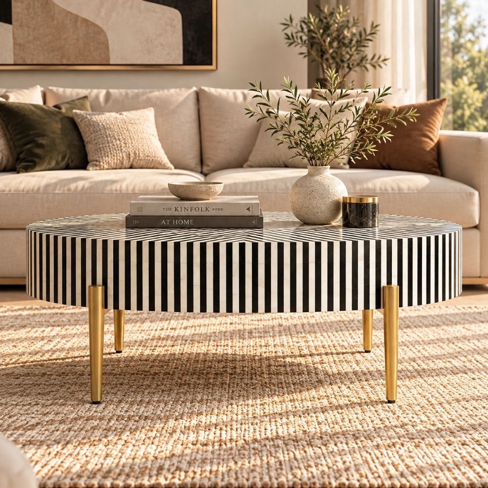 Bone Inlay Black & White Oval Coffee Table with Gold Legs